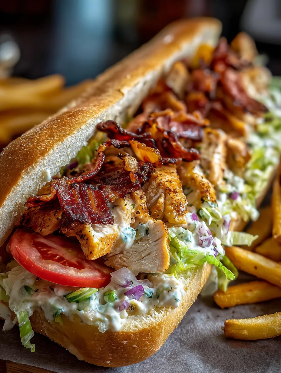 Un bocadillo con bacon, tomate, lechuga y mayonesa en pan baguette.