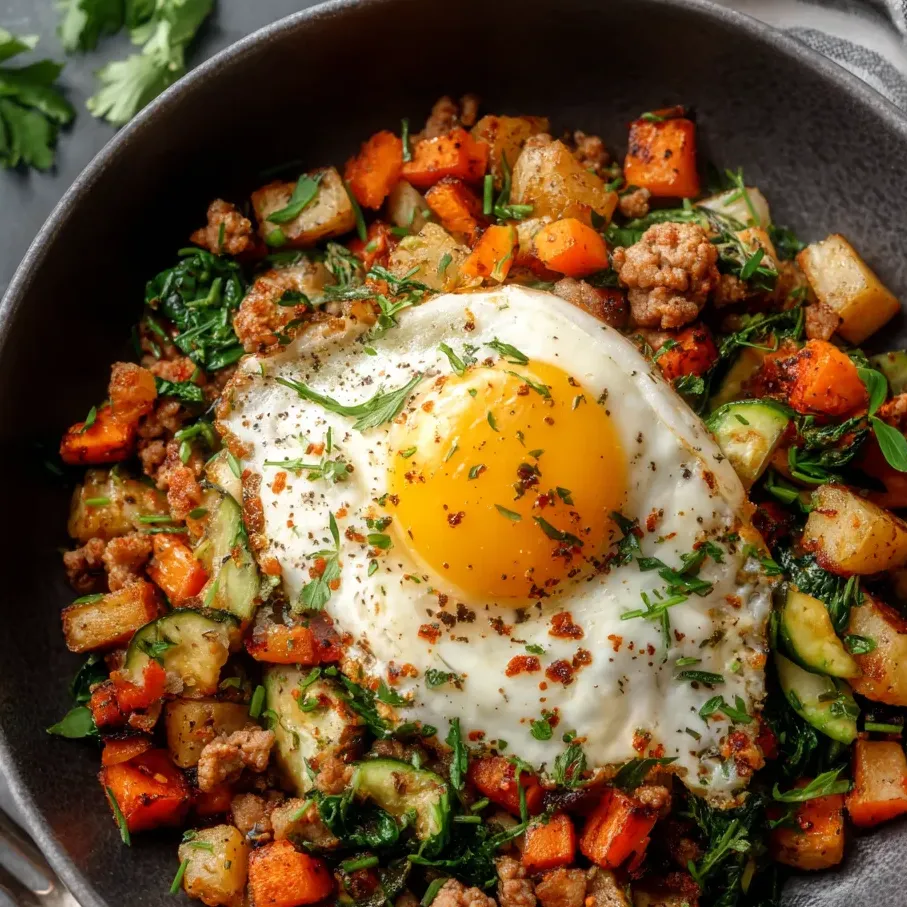 Un bowl con boniato, cebolla, garbanzos, zucchini y cebolla mezclados.