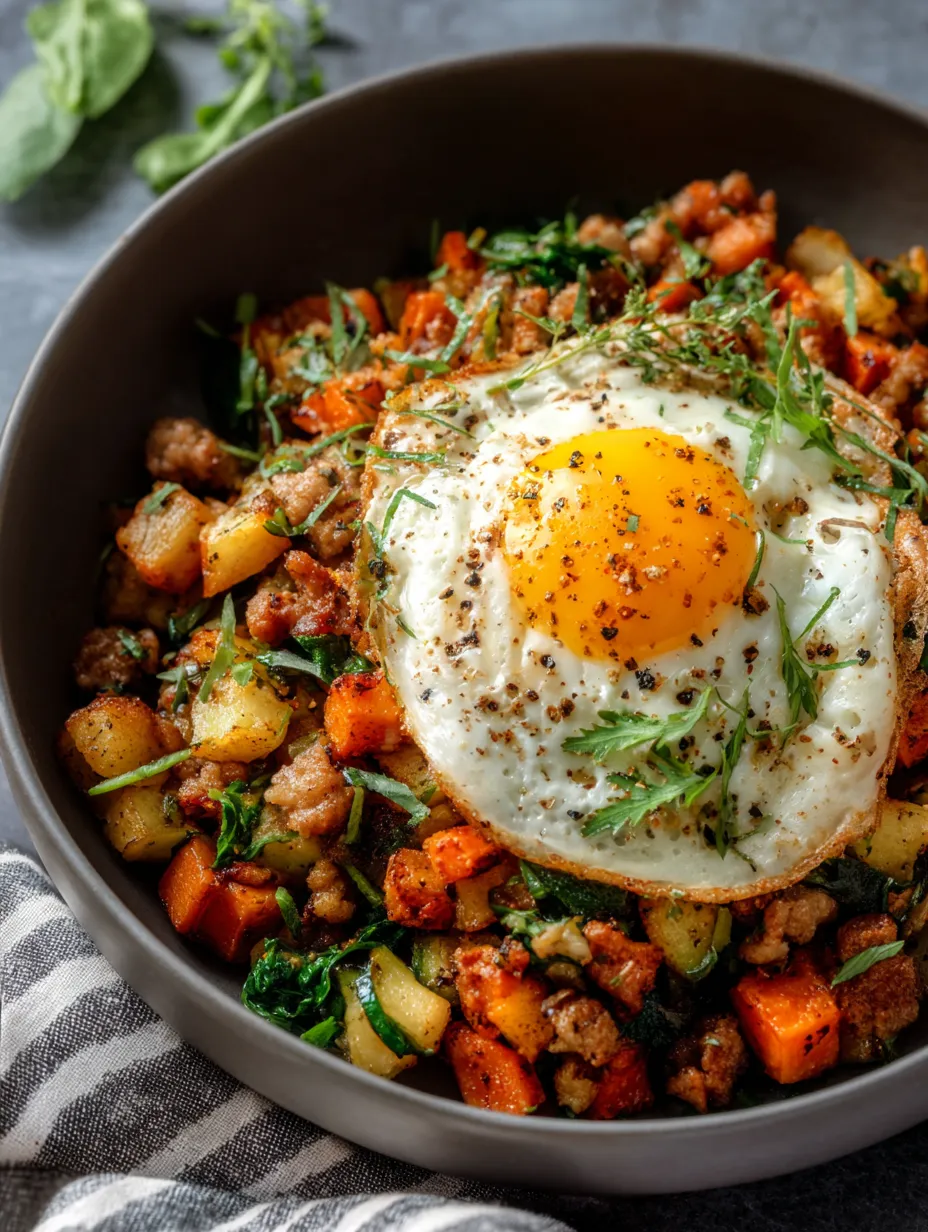 Un cuenco con mezcla de carne, verduras y huevo.