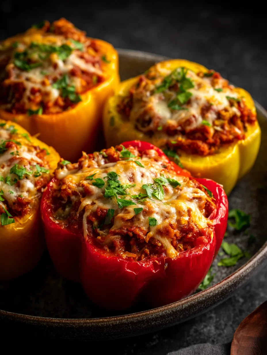 Un plato con cuatro pimientos rojos rellenos de carne y queso.