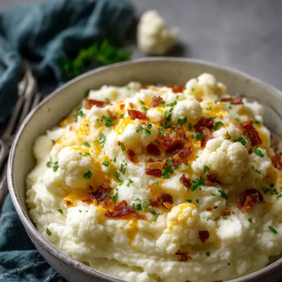 Un bol con coliflor, bacon y cebolla.