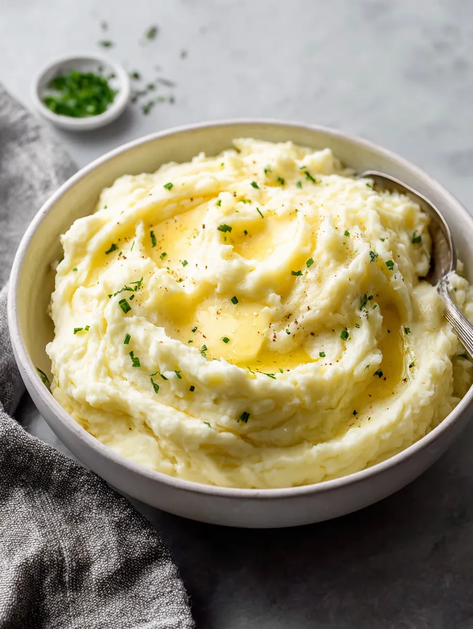 Un plato blanco con una bola dorada de papa y cebolla verde arriba.