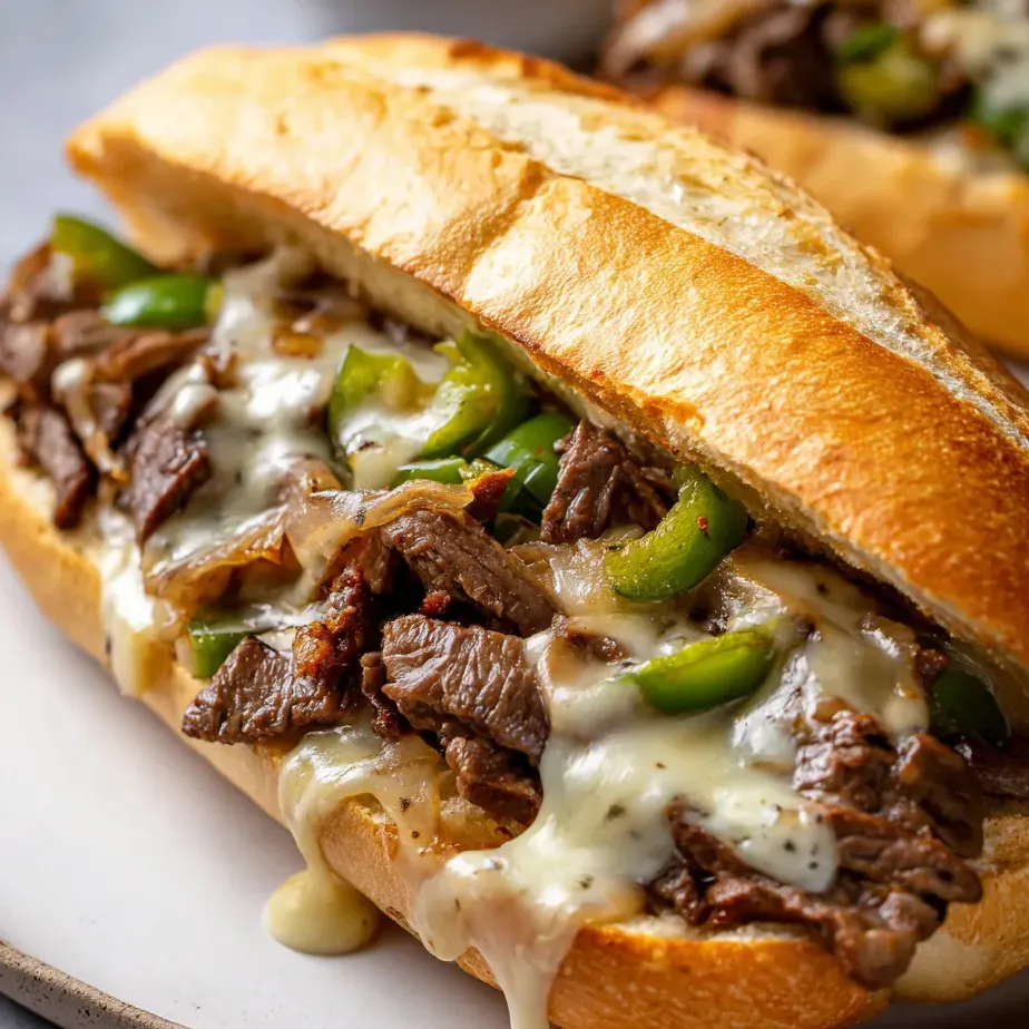 Un sándwich con carne, pimientos y salsa sobre un plato.