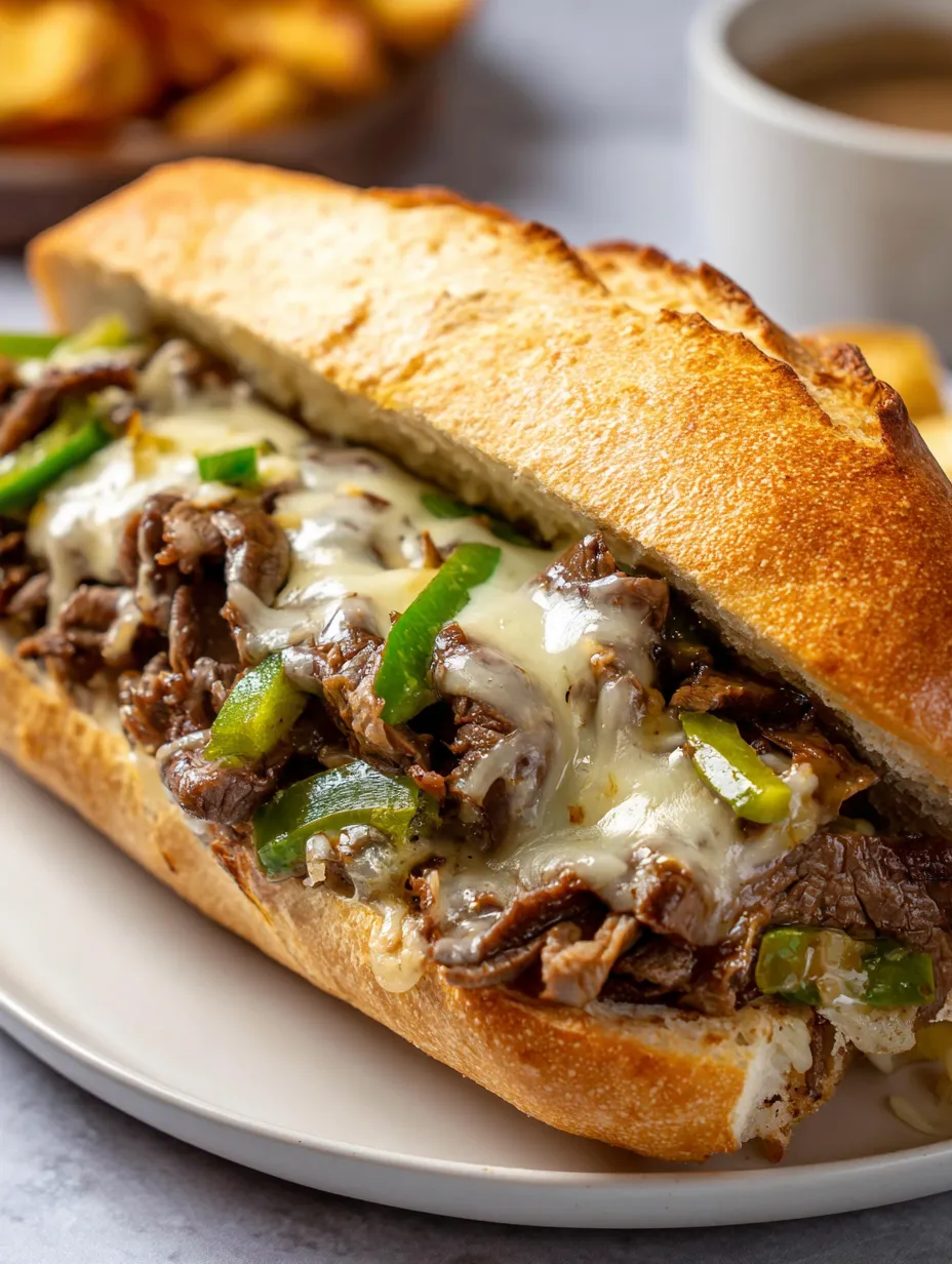 Un sándwich con carne, pimientos y salsa en un plato blanco.