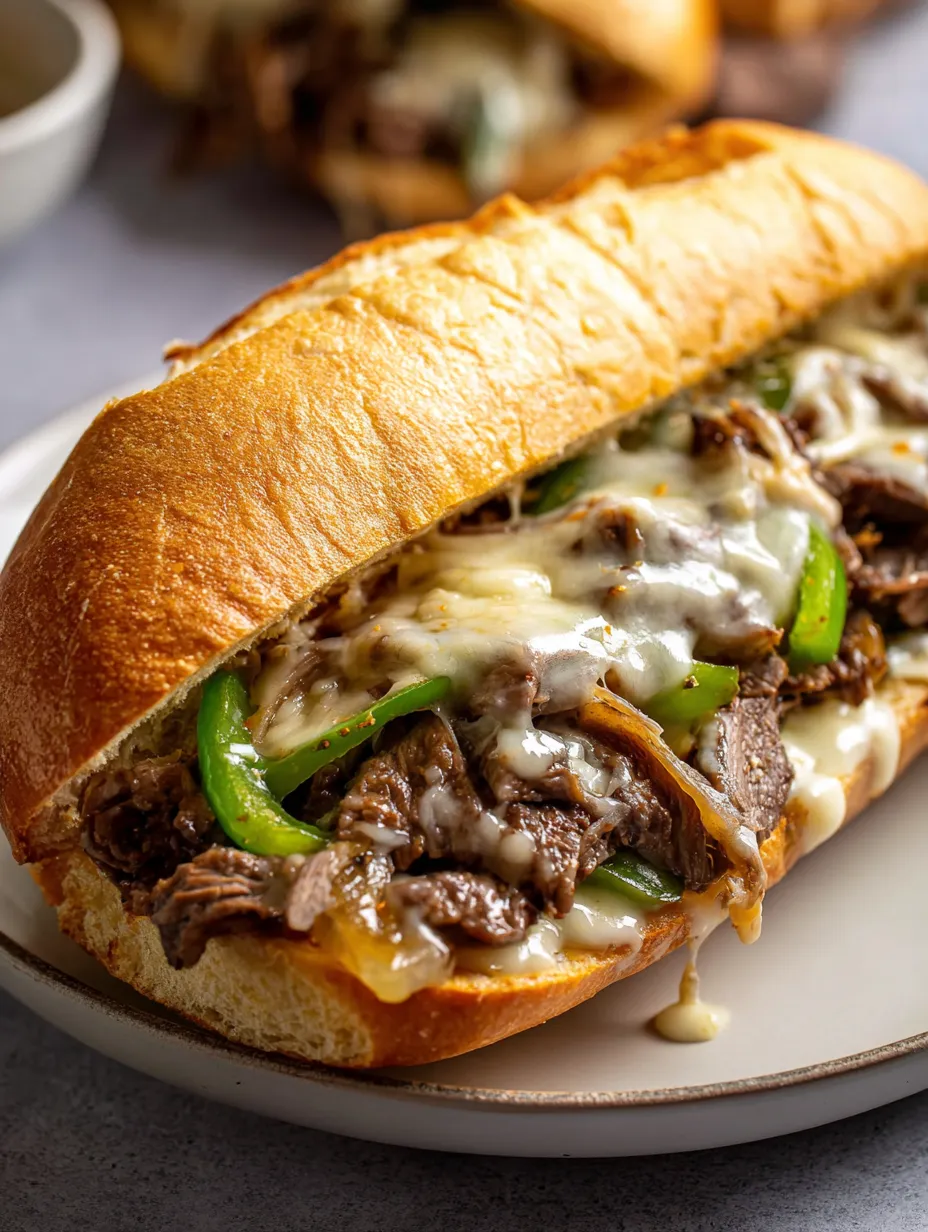 Un sándwich con carne, pimientos y salsa servido en un plato.