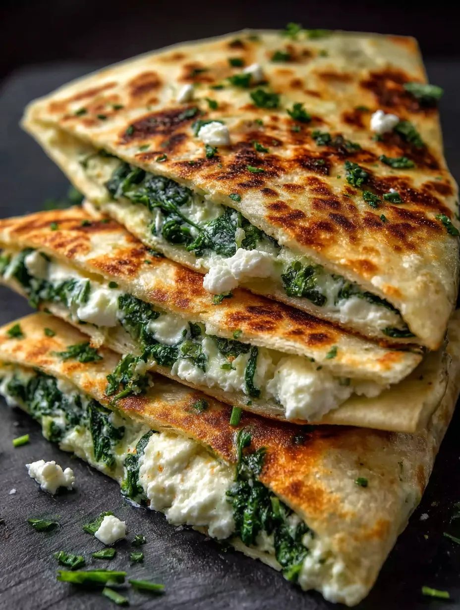 Capas de espinaca y queso sobre pan.