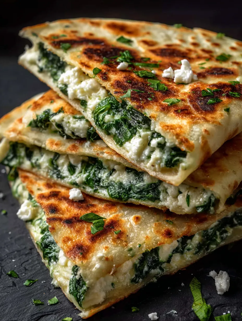 Capas de espinaca y queso sobre pan.