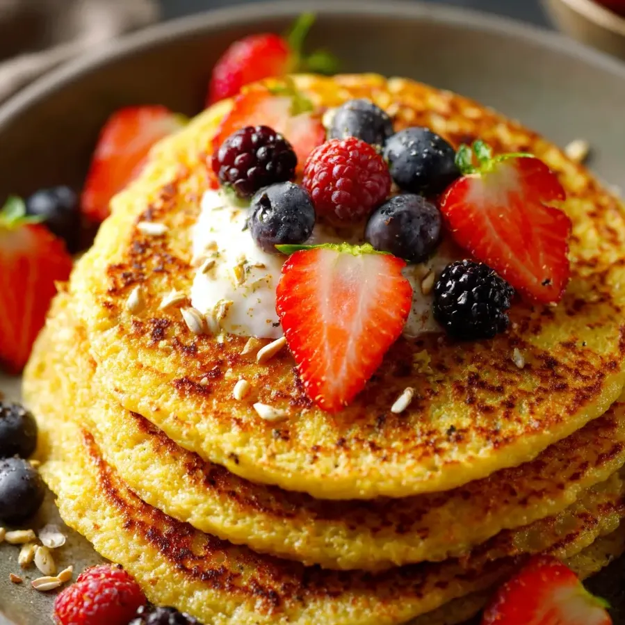 Un plato con panqueques coronado con fresas, arándanos y frutos secos.