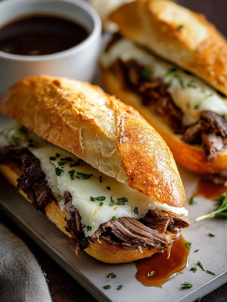 Dos sándwiches dip francés con queso y salsa.