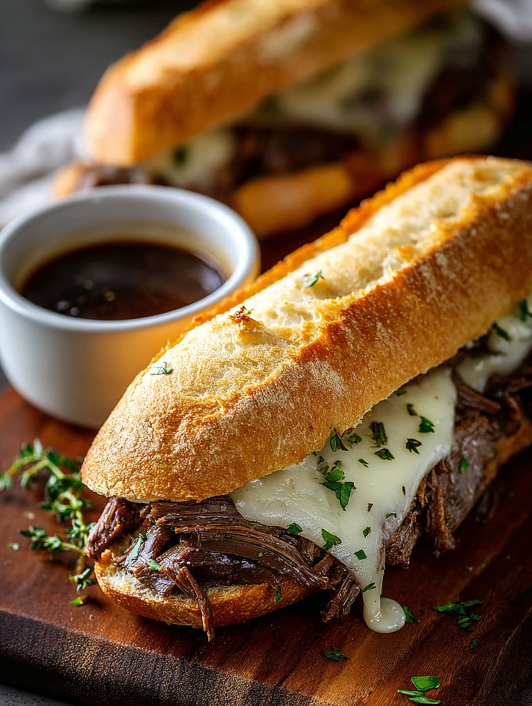 Sándwiches franceses de carne con queso y salsa.