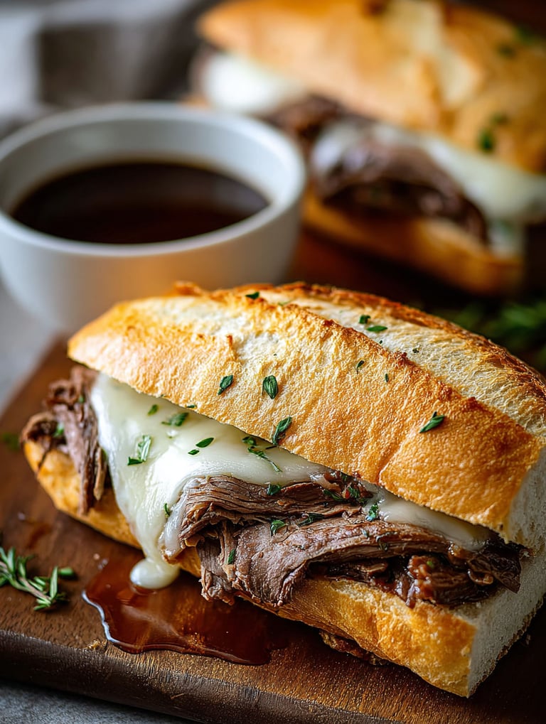 Sándwiches franceses de carne con queso y salsa gravy.