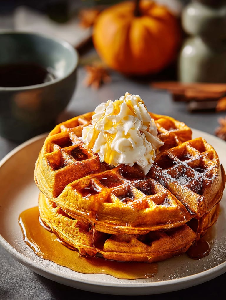 Una torre de waffles con una calabaza encima.