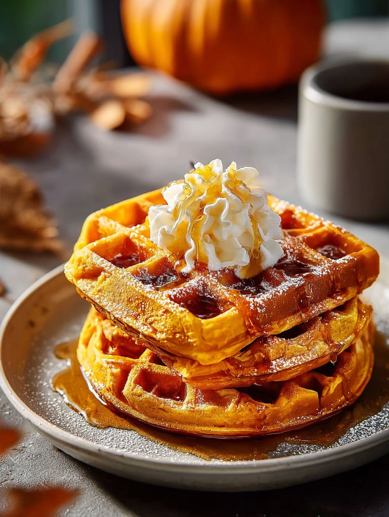 Una pila de waffles con crema batida y sirope de calabaza.