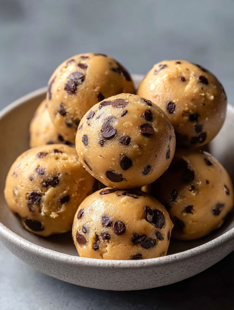 Un tazón con bolitas de masa de galleta con chispas de chocolate.