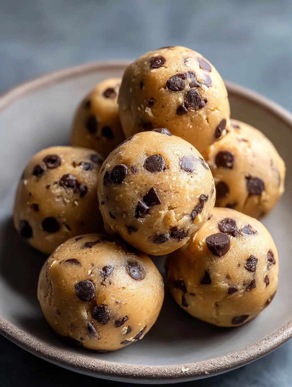 Un tazón con bolitas de masa de galleta con chispas de chocolate.