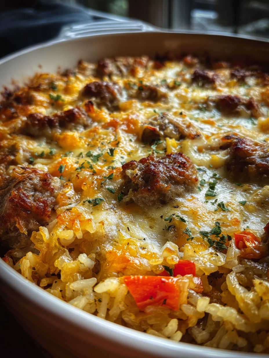Un primer plano de una cazuela de salchicha con arroz.