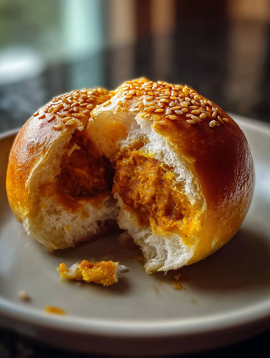 Un bollo de curry japonés con un mordisco.