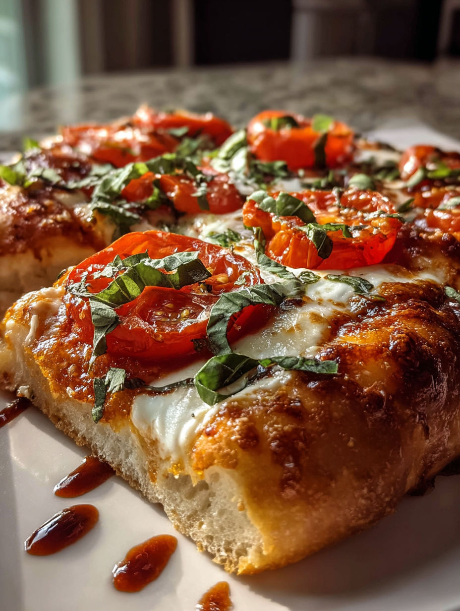 Una rebanada de pizza Margherita con tomate y albahaca.