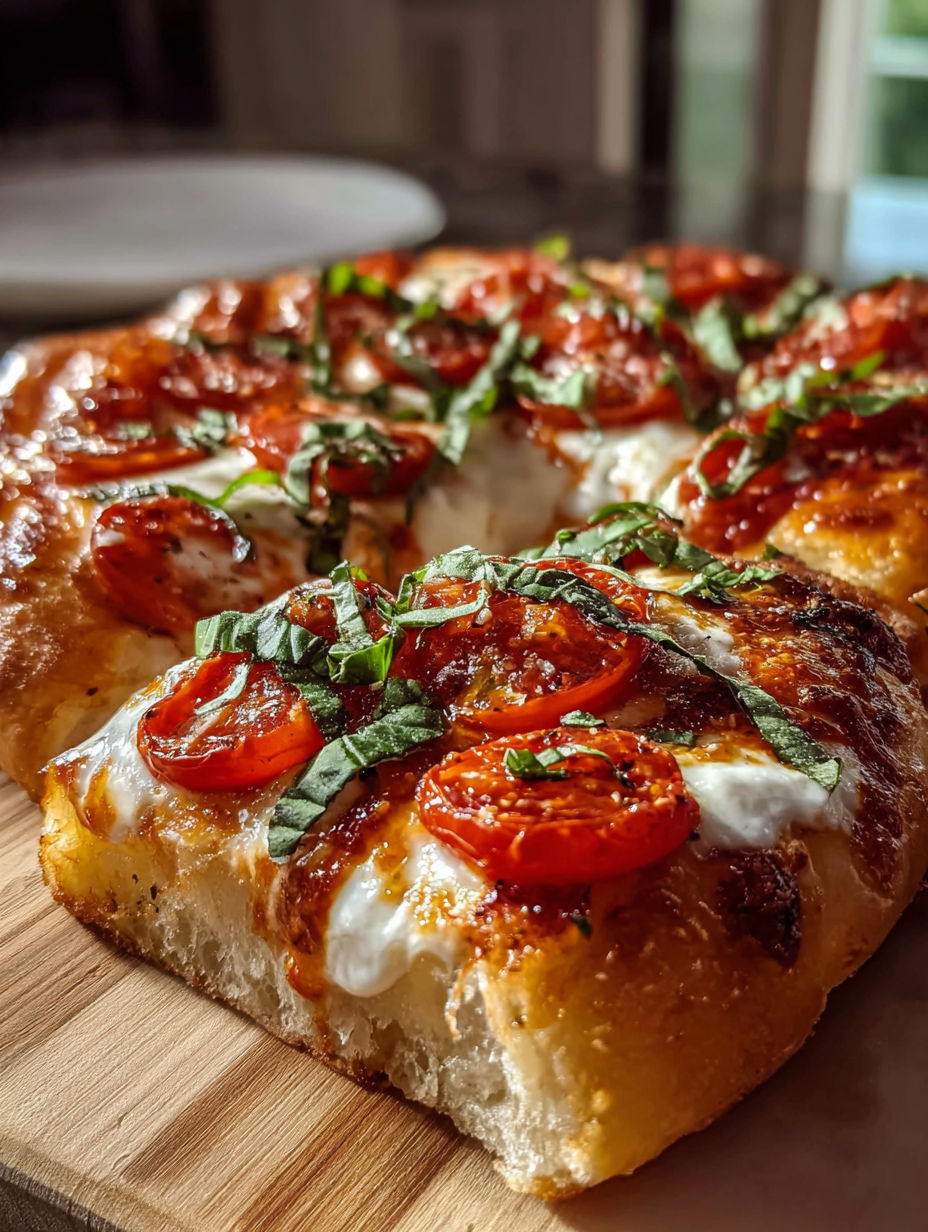 Una rebanada de pizza Margherita con tomate y albahaca.