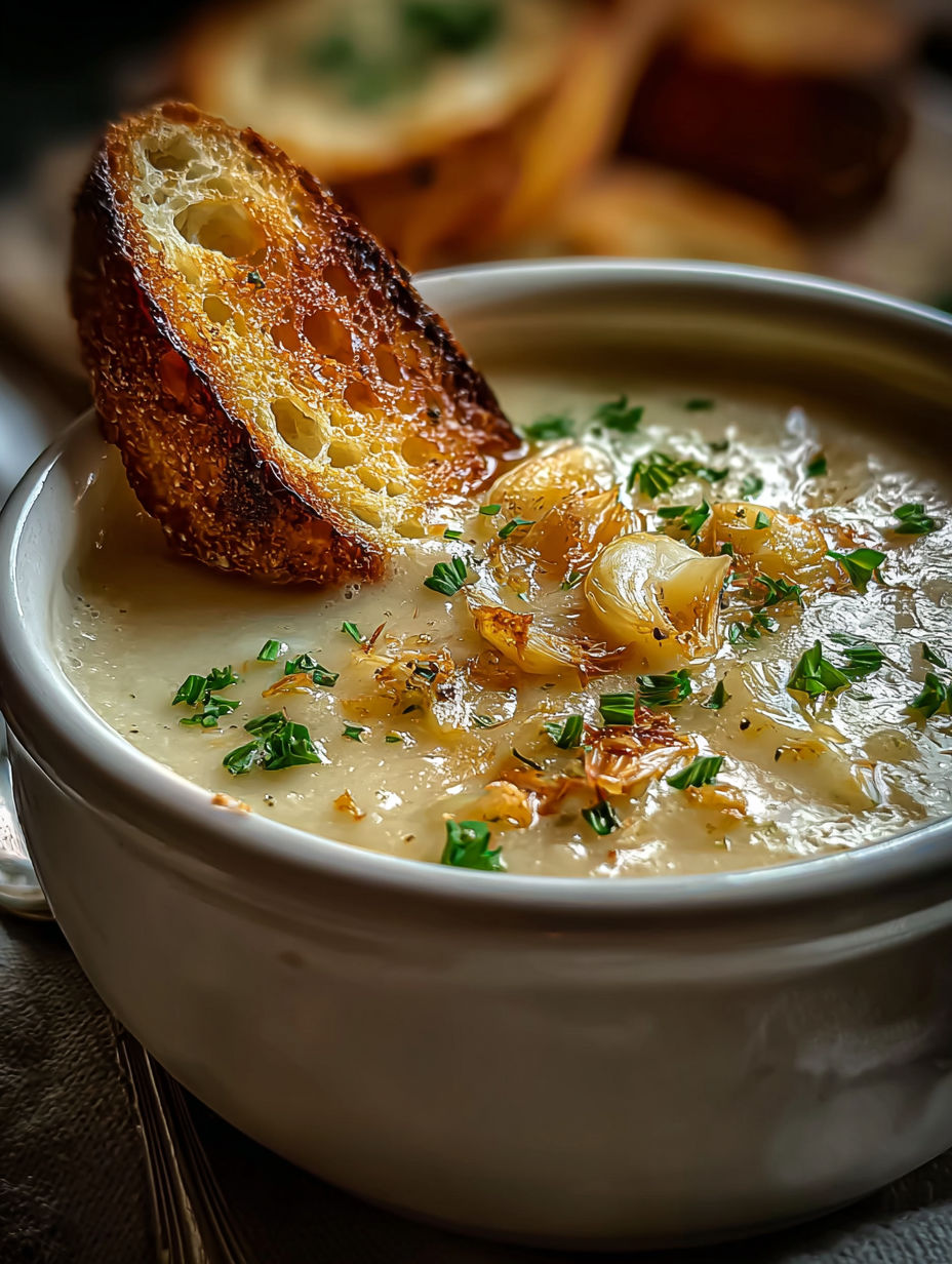 Un tazón con sopa de ajo francesa campesina y una rebanada de pan encima.