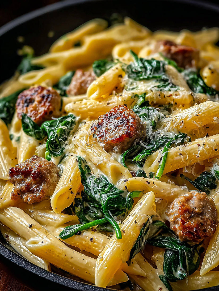 Un delicioso penne cremoso con espinacas y salchicha italiana hecho en una sola sartén.