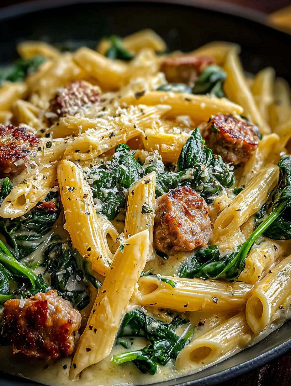 Un delicioso penne cremoso con espinacas y salchicha italiana hecho en una sola sartén.