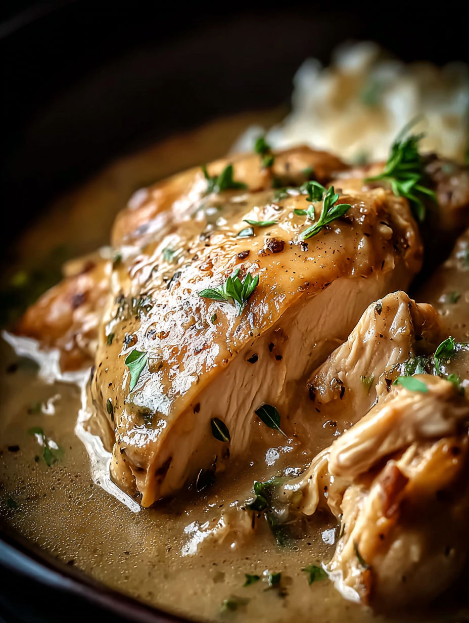 Primer plano de una pechuga de pollo en olla de cocción lenta.