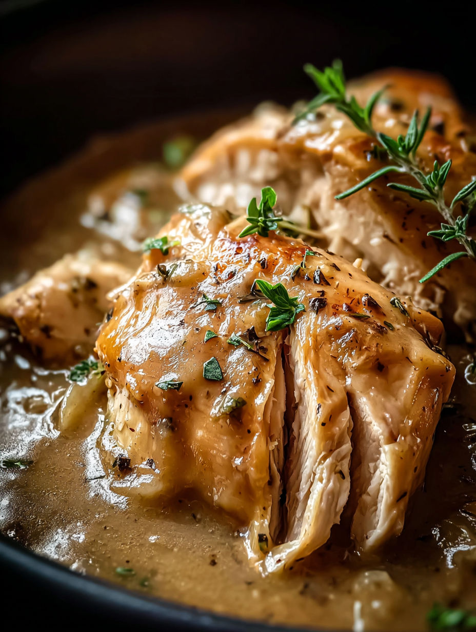 Primer plano de una olla de cocción lenta con pollo y salsa.
