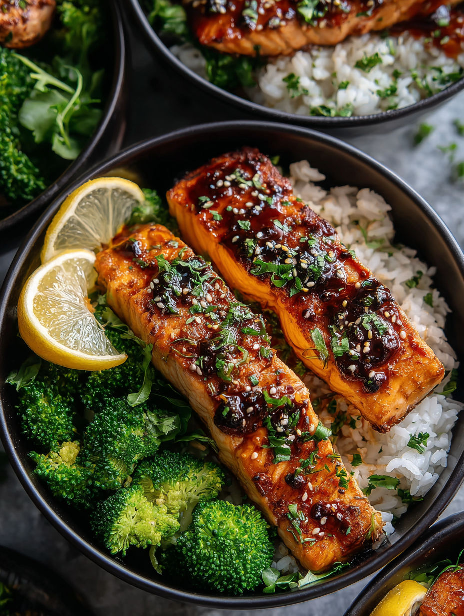 Un bowl con salmón, arroz y brócoli.