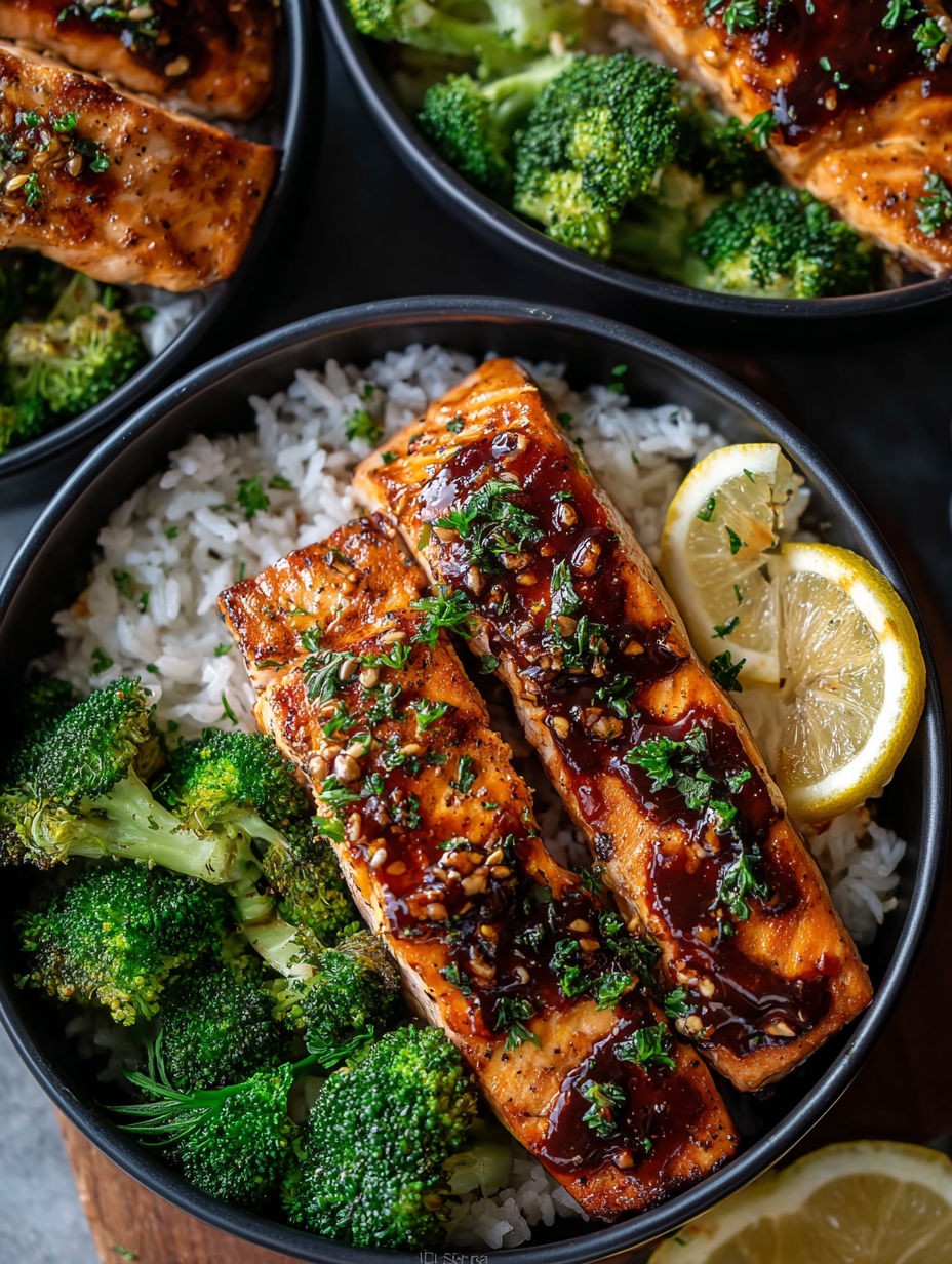 Un bowl con salmón, arroz y brócoli.