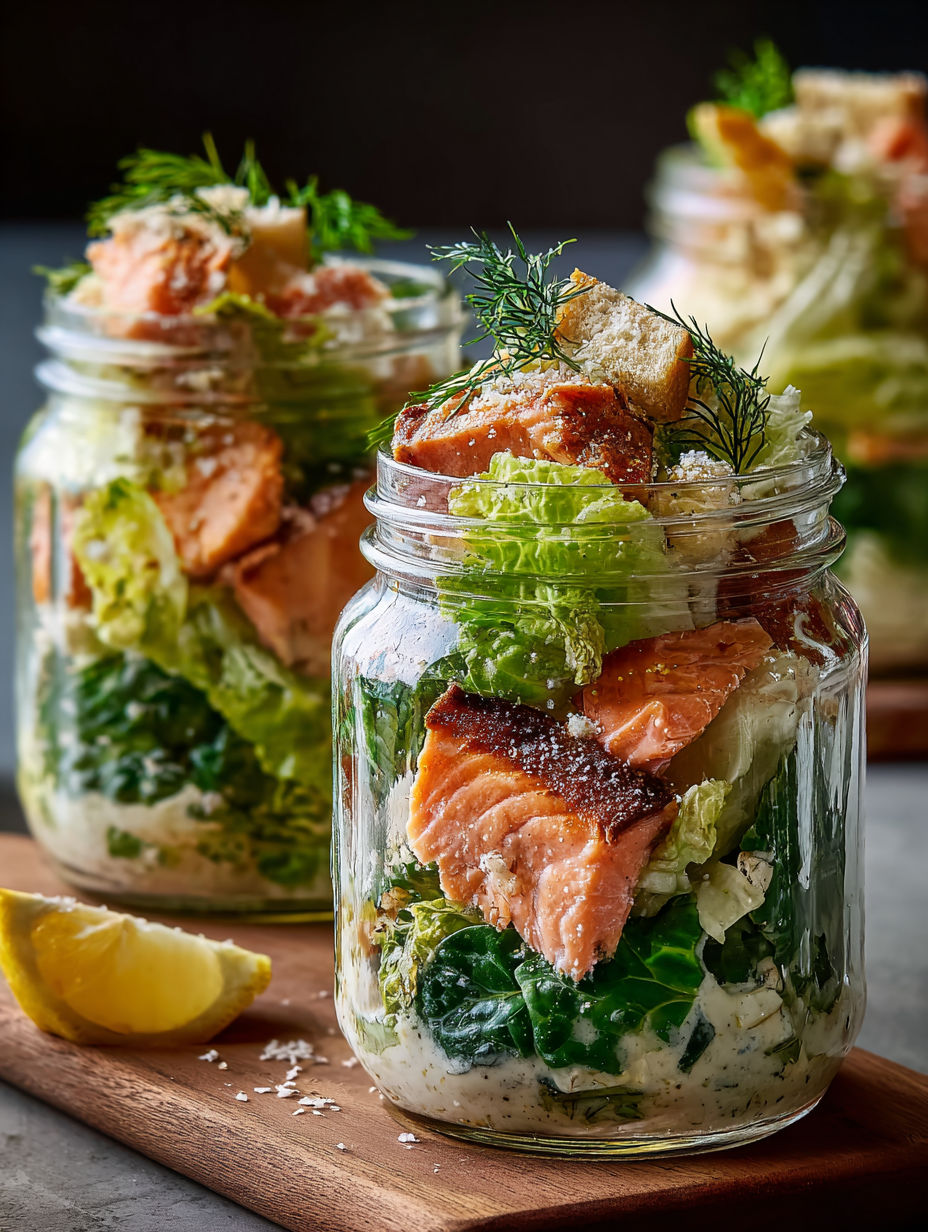 Frasco con ensalada César y salmón.