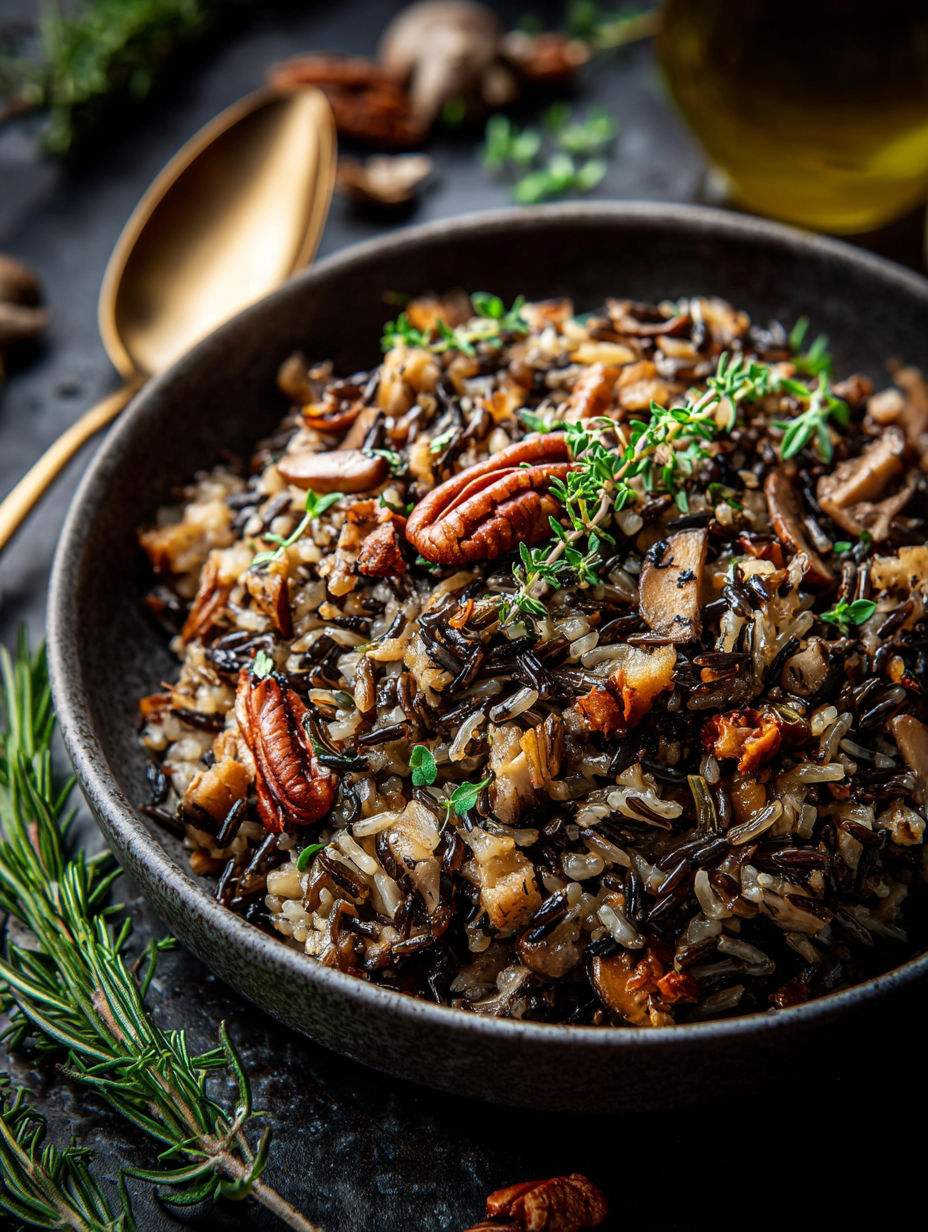 Un bol con arroz y champiñones.
