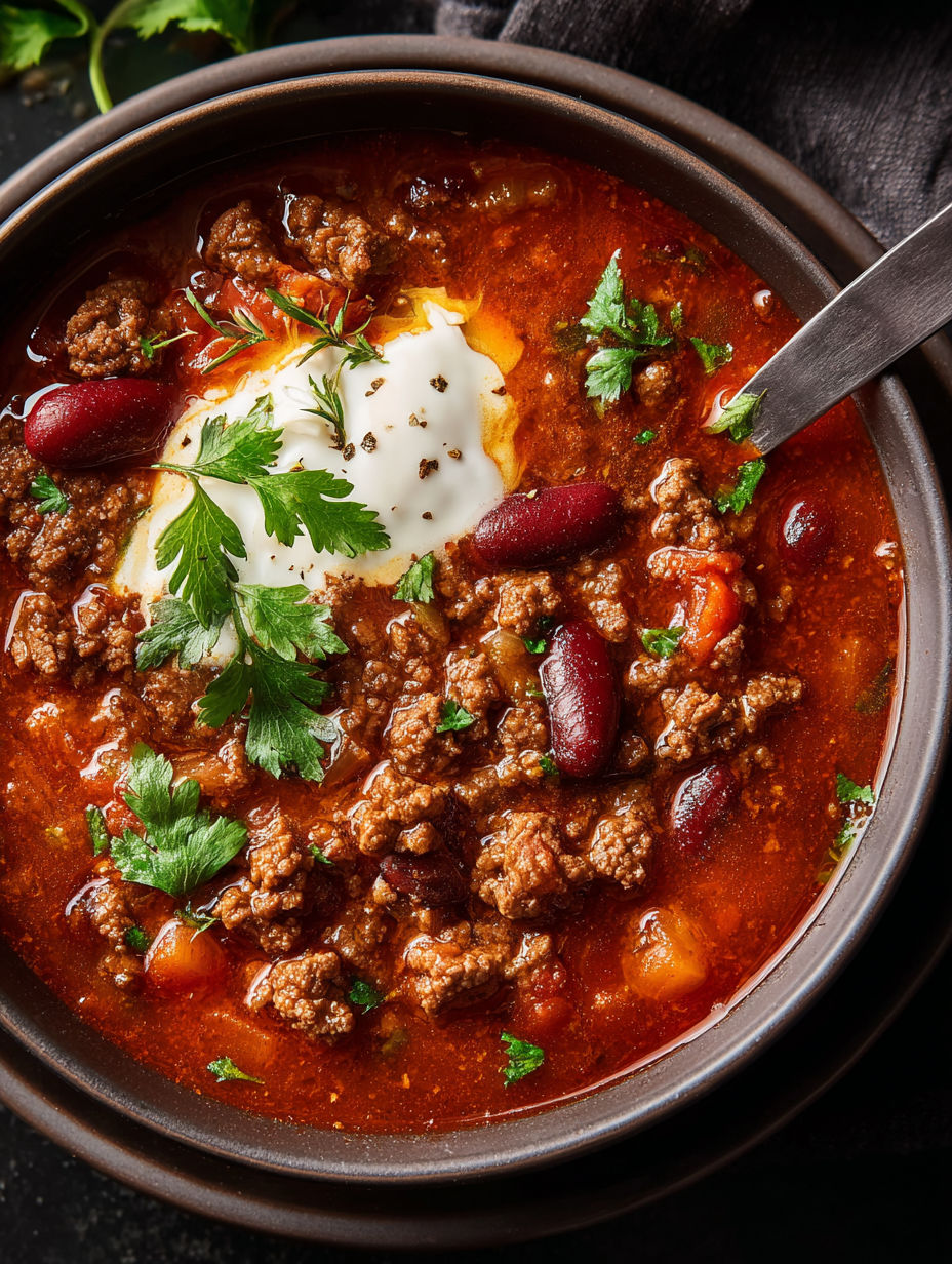 Un plato con sopa de carne estilo chili.