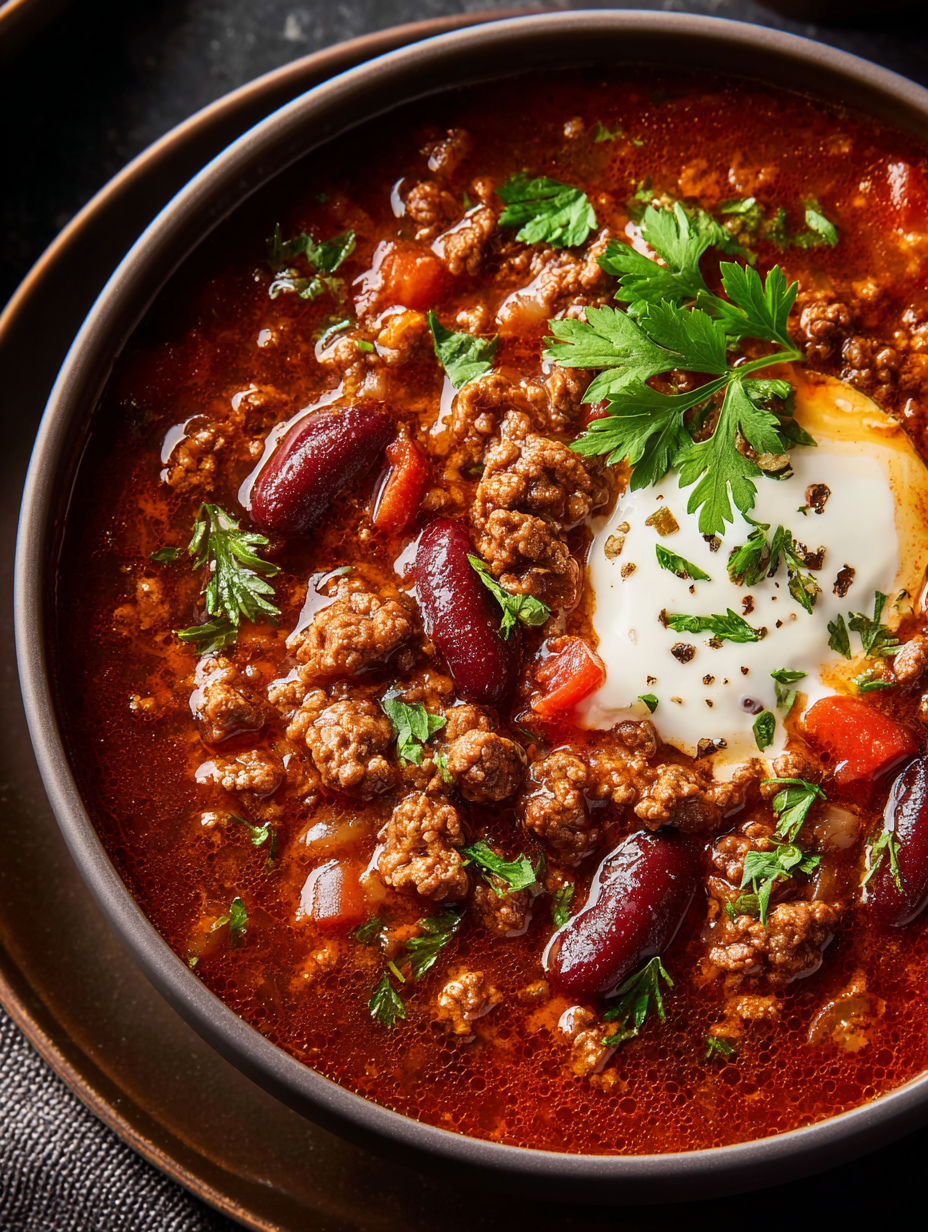 Un tazón de sopa de carne molida estilo chili.