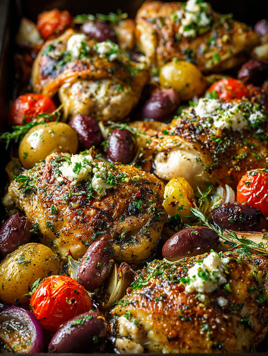 Pollo al horno con inspiración griega acompañado de verduras y hierbas.