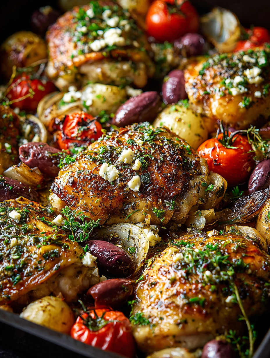 Primer plano de pollo al horno con toque griego.