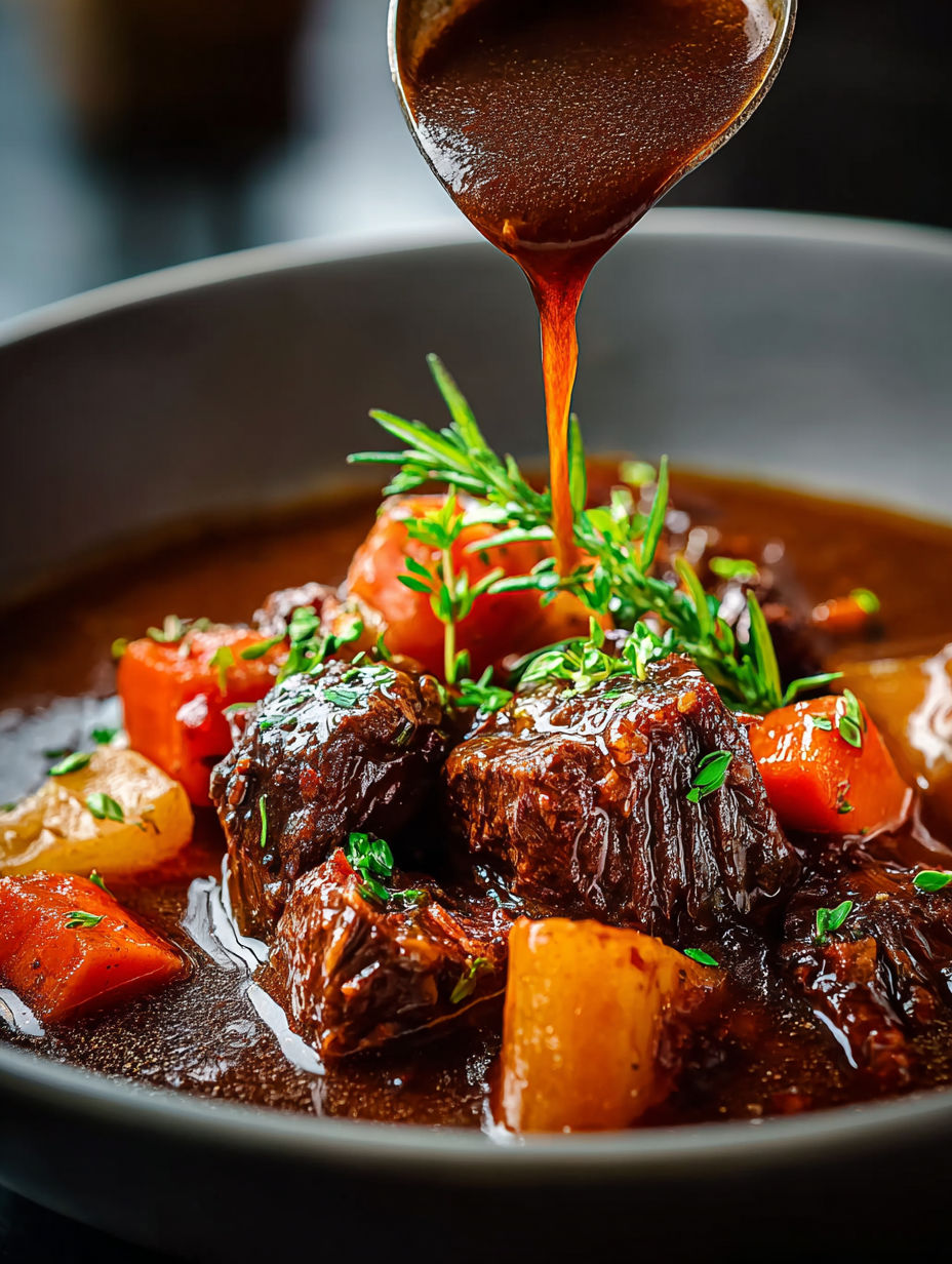 Guiso francés de carne con un poco de salsa por encima.
