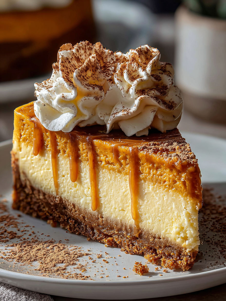 Una porción de cheesecake de calabaza con crema batida arriba.