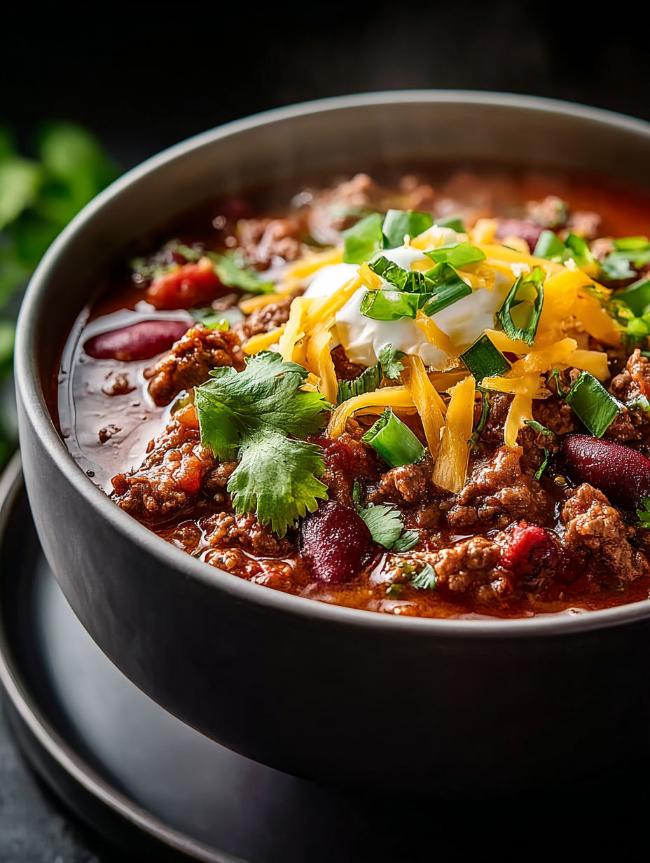 Un tazón de chili con queso y cebollín.