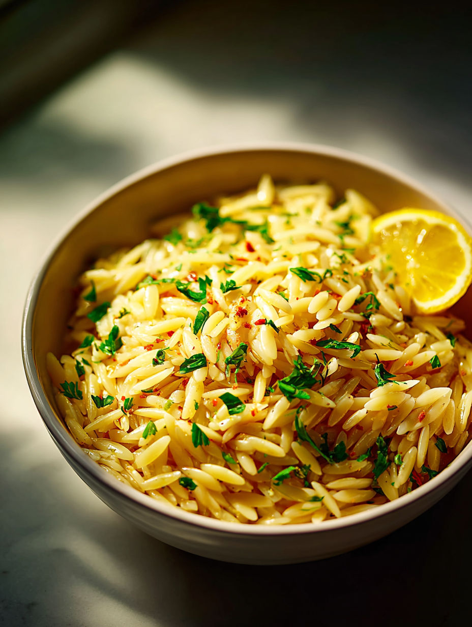 Un bol con pasta de orzo y hierbas de limón.