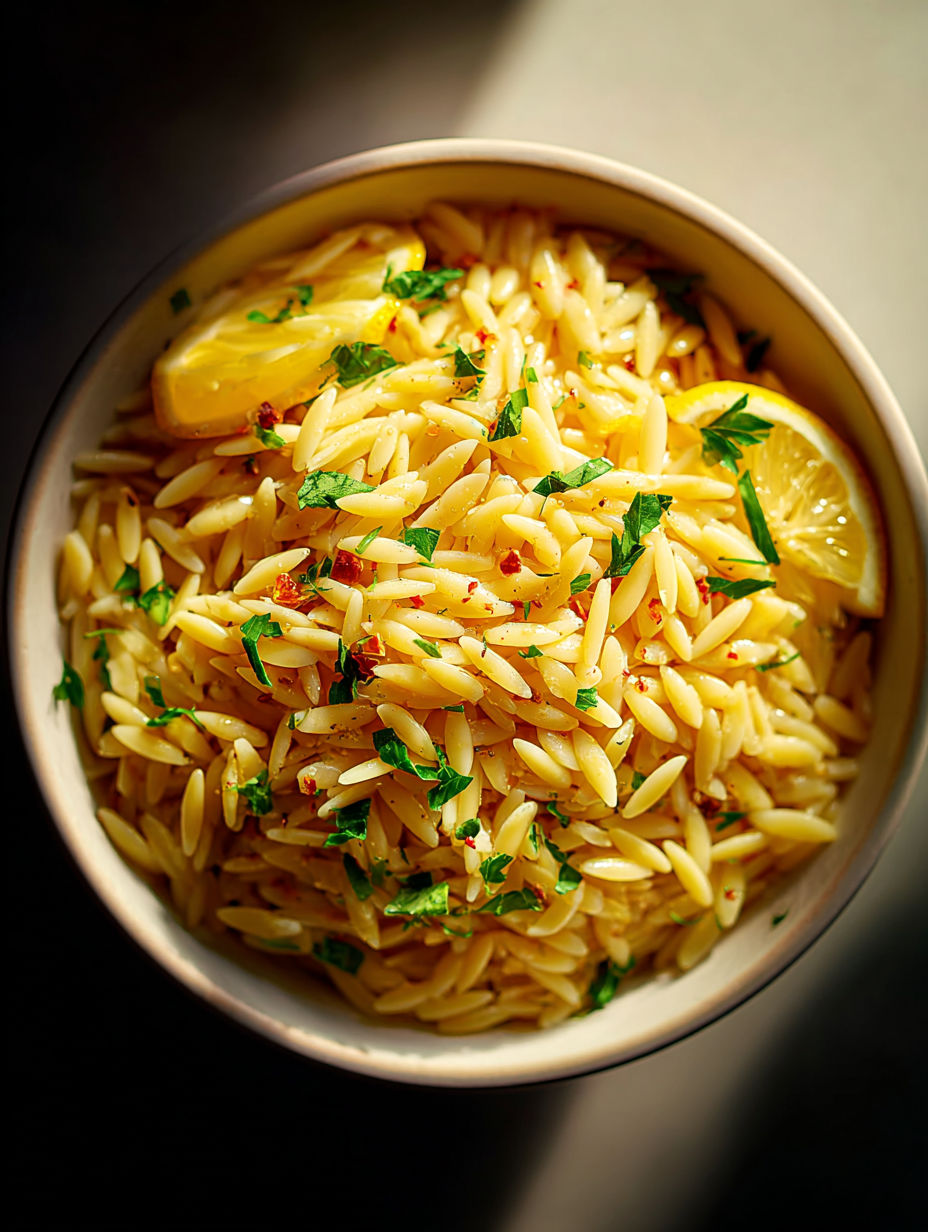 Un bol con pasta de orzo y hierbas de limón.