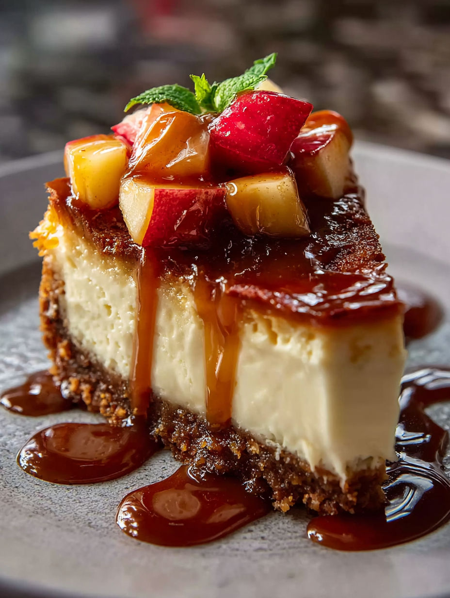 Una porción de pastel cremoso de manzana con caramelo.