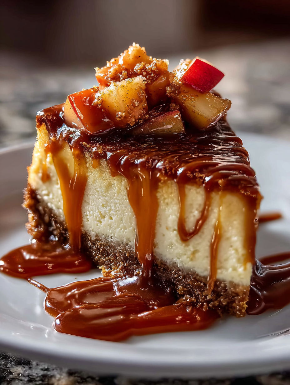 Una porción de pastel cremoso de manzana con caramelo.