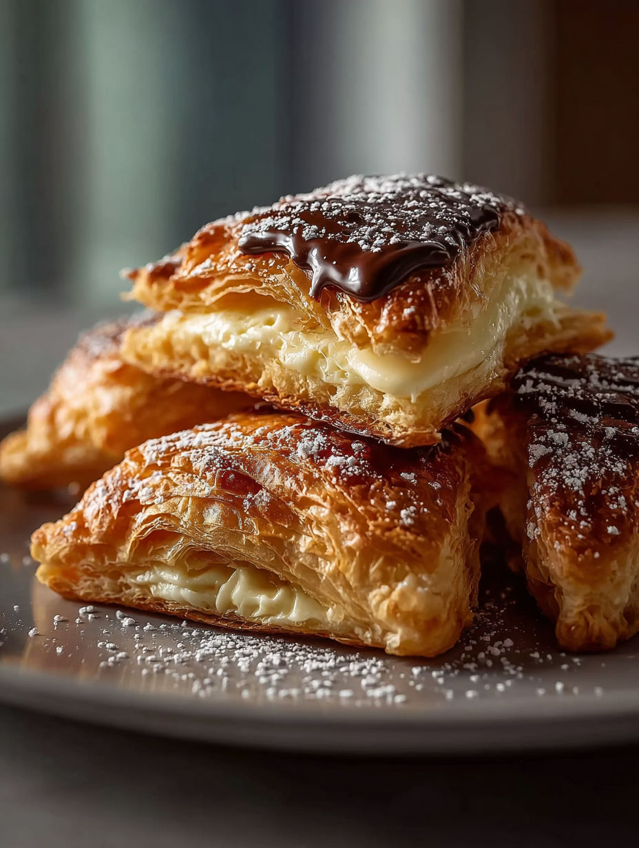 Un plato con hojaldres rellenos de queso crema.