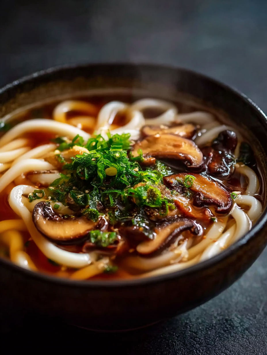 Un tazón de sopa con hongos y noodles.
