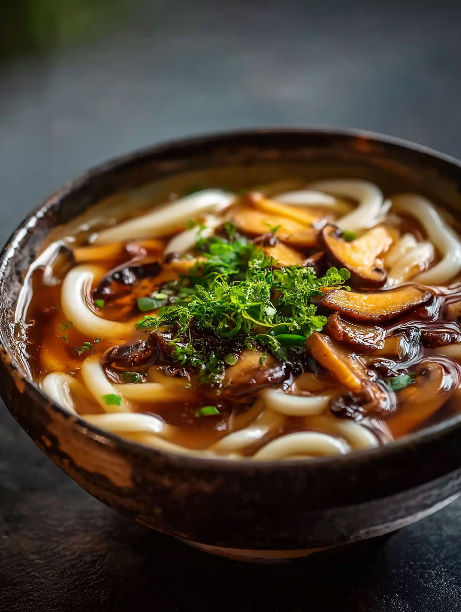Un tazón de sopa con hongos y noodles.
