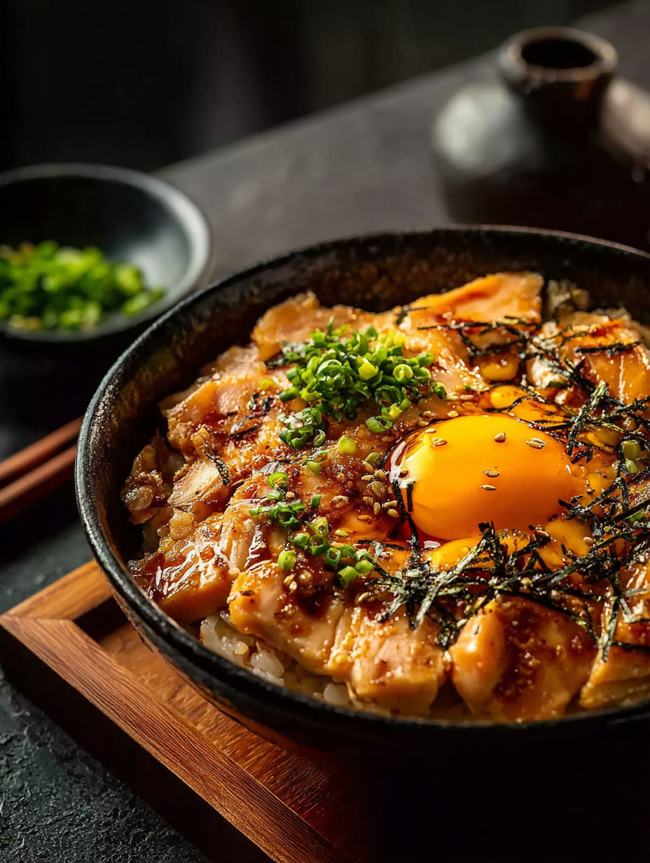 Tazón de oyakodon con huevo frito arriba.