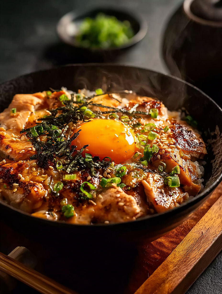 Un tazón de oyakodon con huevo frito encima.