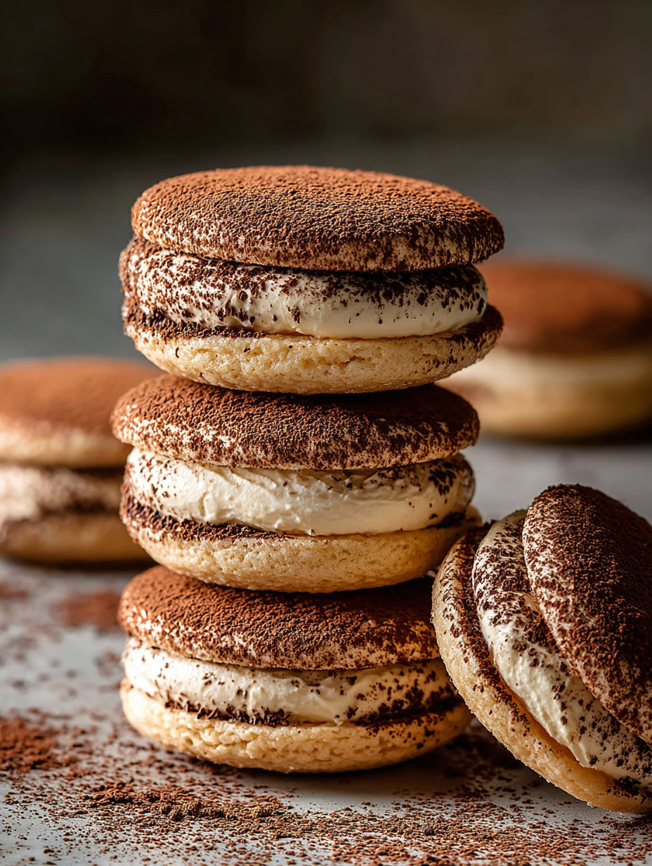 Galletas tiramisú apiladas sobre una mesa.