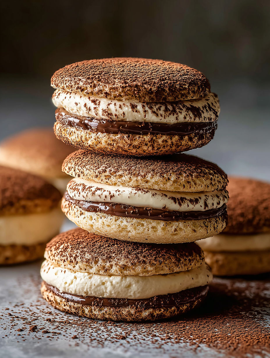 Varias galletas tiramisú apiladas una encima de otra.